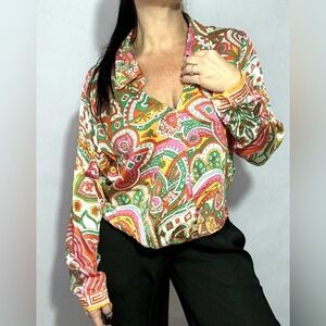 Haute Hippie V-neck crossover‎ front cropped paisley retro print top Large